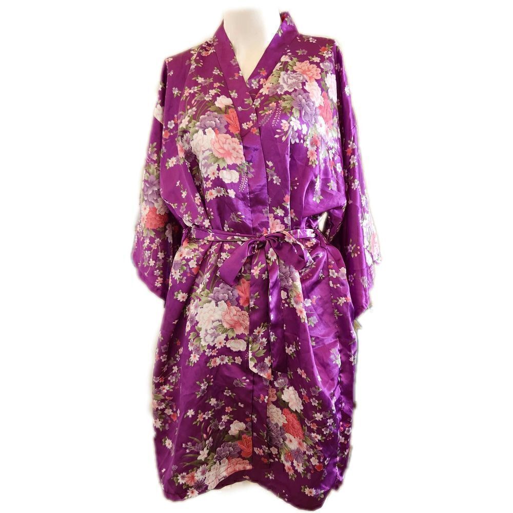 Womens medium purple fuschia floral rose silky Asian robe intimates wrap